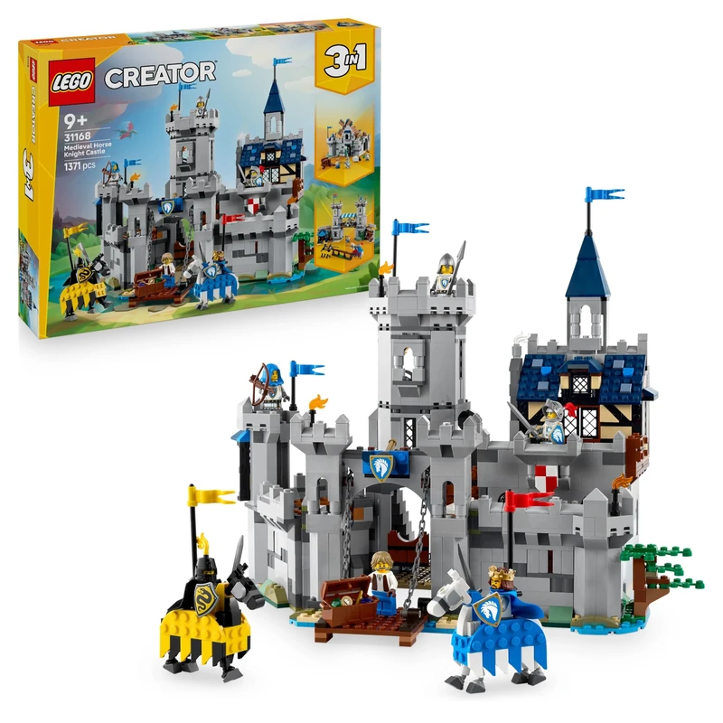 LEGO Creator 3in1 Medieval Horse Knight Castle Toy - Transforms into a Jousting Tournament Scene or a Town - incl. 6 Minifigures - Creative Gift for 9+ Year Old Boys & Girls - 31168