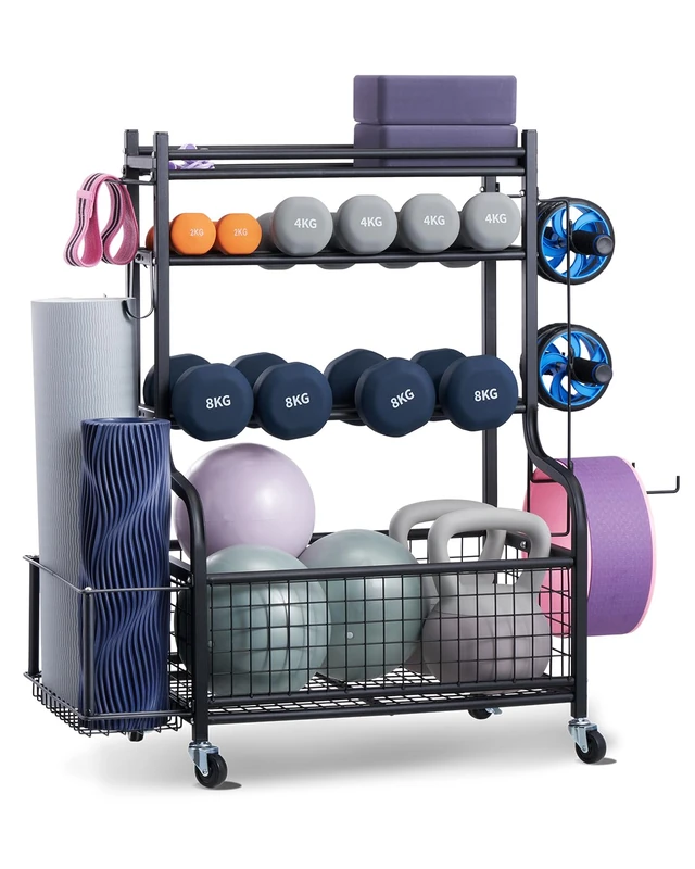VEVOR Yoga Mat Storage Rack, Powder Coated Finish Steel Yoga Mat Holder, Home Gym Workout Equipment Organizer with Hooks & Wheels, Weight Rack for Foam Roller, Dumbbell, Kettlebell, and Yoga Strap