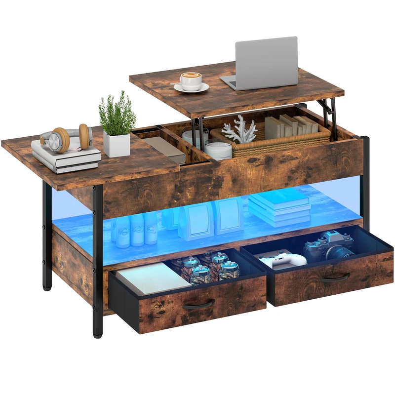 YITAHOME Lift Top Coffee Table, Wood Lift up Coffee Table with Storage Shelf, Coffee Tables for Living Room with 2 Drawers and 16 colors LED Light Strip,106 * 50 * 51.5cm