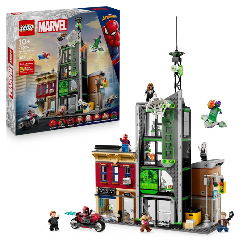LEGO ǀ Marvel Spider-Man vs. Oscorp - Interactive Toy with a Motorbike, 8 Minifigures incl. Miles Morales & Green Goblin - Collectible Super Hero Gift for 10+ Year Old Boys & Fans - 76324