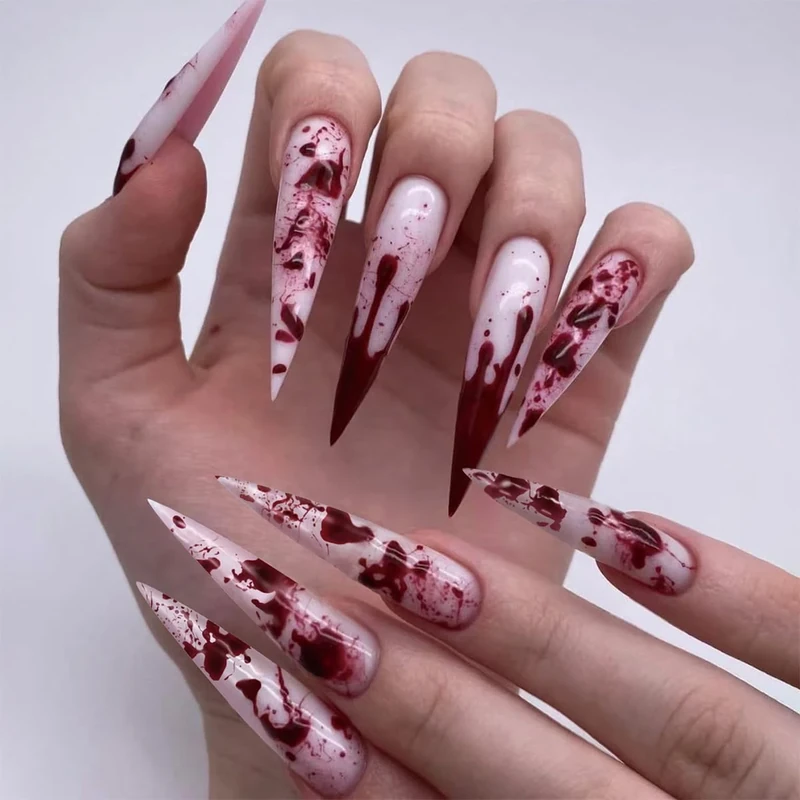 GlamRays 24 Pcs Stiletto Press on Nails Long Almond Fake Nails with Red Blood Design, Full Cover, Press Ons, Artificial Acrylic Nails, False Sticker Nails