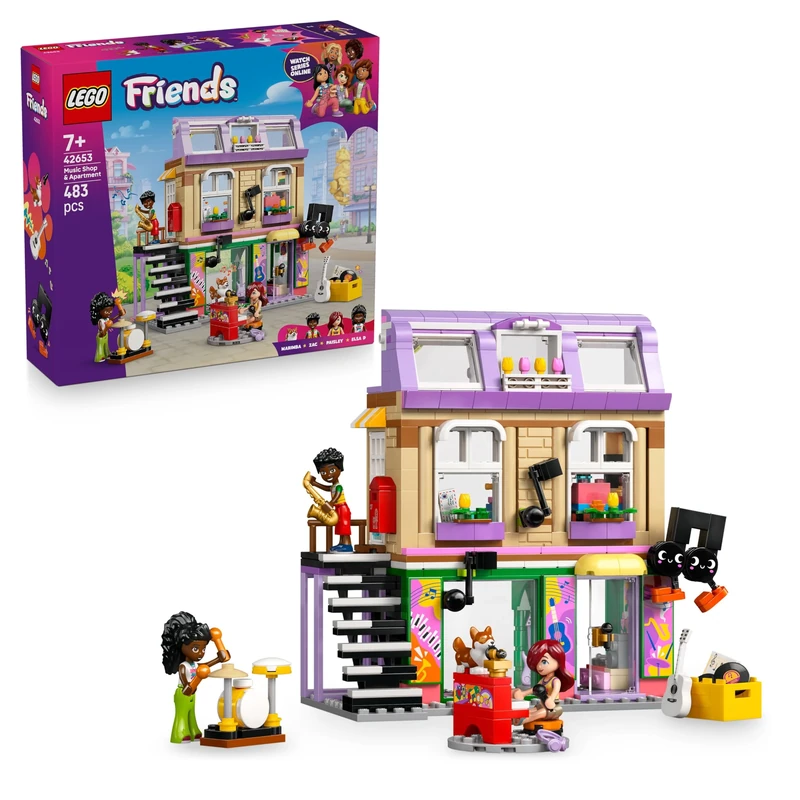 LEGO Friends Music Shop & Apartment Toy with 3 Mini Dolls, a Pet Corgi Animal Figure & Musical Instruments incl. a Piano, Drum Kit, Guitars & Accessories - Gift for 7+ Year Old Girls - 42653