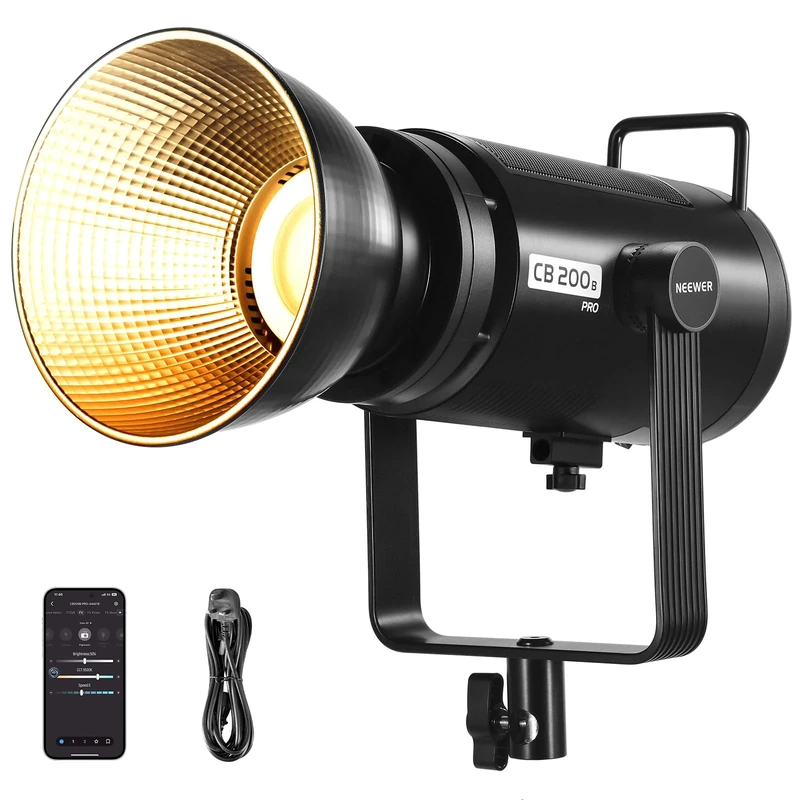 NEEWER 210W COB LED Video Light with 2.4G/APP Control, 2700K-6500K Bi Color Continuous Output Lighting Studio Photography Recording with Bowens Mount, 90000lux/1m, CRI/TLCI97+, GM ±50, CB200B PRO