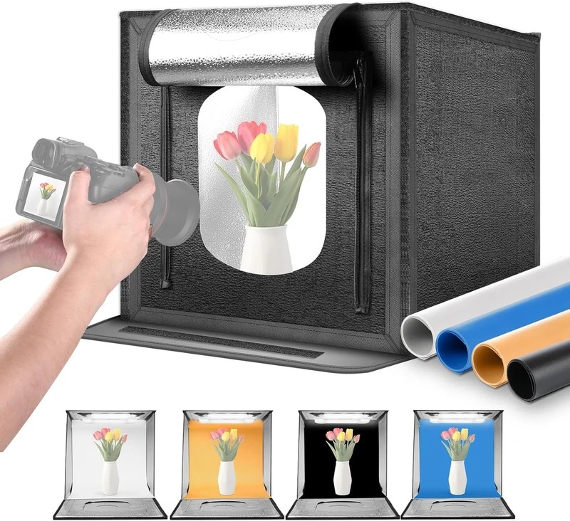 NEEWER 50 W Upgraded Photo Studio Light Box, 24 x 24 Inch Portable Folding Photography Light Box, 4 Backdrops, 5600 K 160 LEDs 5200 lx/0.5 m Dimmable Picture Booth Shooting Tent for Jewellery