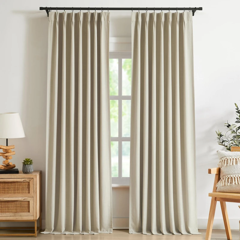 Kayne Studio Sand Pinch Pleated Full Blackout Curtains 112 Inch, Linen Blend Thermal Insulated Soundproof Room Darkening Back Tab Window Drapes with Hooks for Living Room Bedroom(2 Panels, 40"x112")