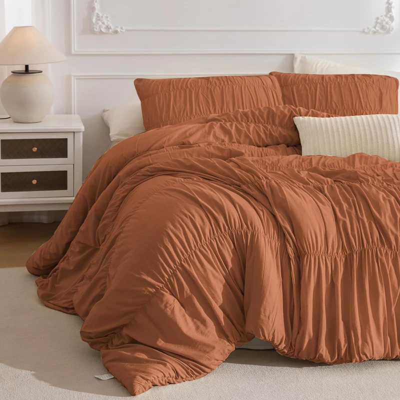 Masaca 120x120 Oversized Comforter King Size,Ruched Pumpkin California King Bed Comforter Set Modern Style Shabby Boho Chic Rustic Farmhouse Microfiber Bedroom Bedding Set 3PCS