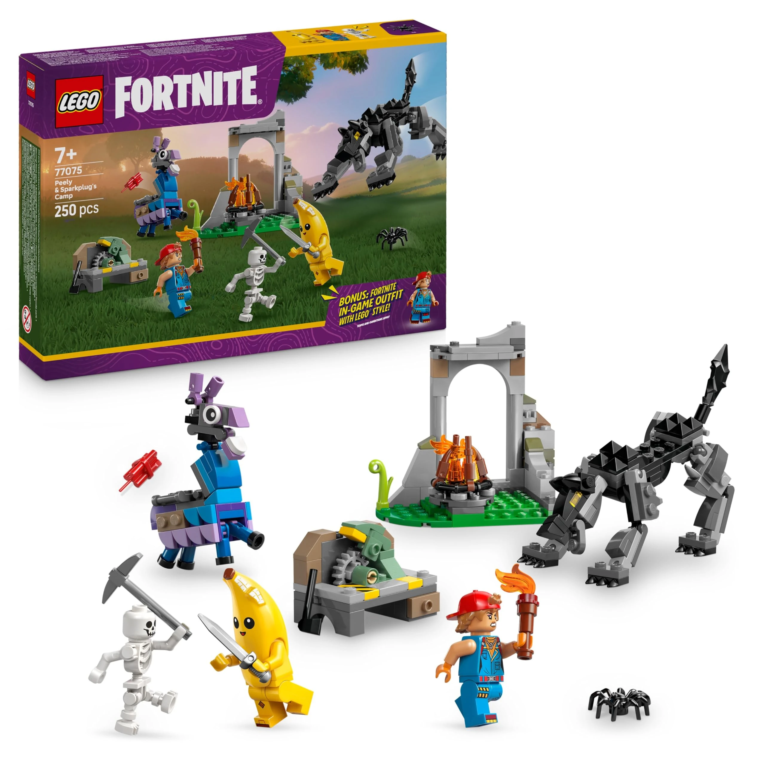 LEGO Fortnite Peely & Sparkplug’s Camp Toy - incl. Wolf & Supply Llama Figures plus 3 Minifigures & a Campfire - Gaming Gift for 7+ Year Old Boys, Girls & Fans - 77075