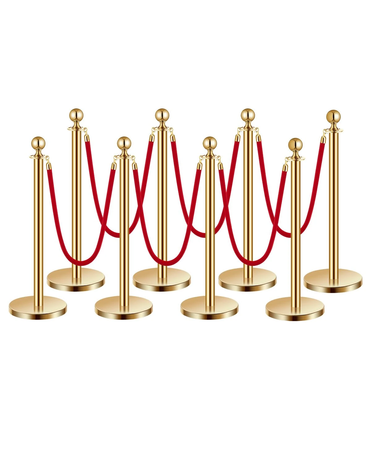 VEVOR Stanchion Post, 8 Pcs Crowd Control Barrier Set with 6 Red Velvet Ropes, 5 ft Stainless Steel Gold Stanchion Post Queue with Sand Injection Hollow Base for Theater, Party, Wedding, Exhibition