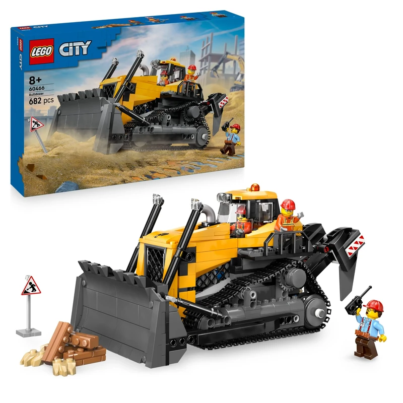 LEGO City Yellow Bulldozer Toy - Large Construction Vehicle Building Set - incl. 3 Minifigures plus Loose Bricks & Road Signs - Birthday Gift for 8+ Year Old Boys - 60466