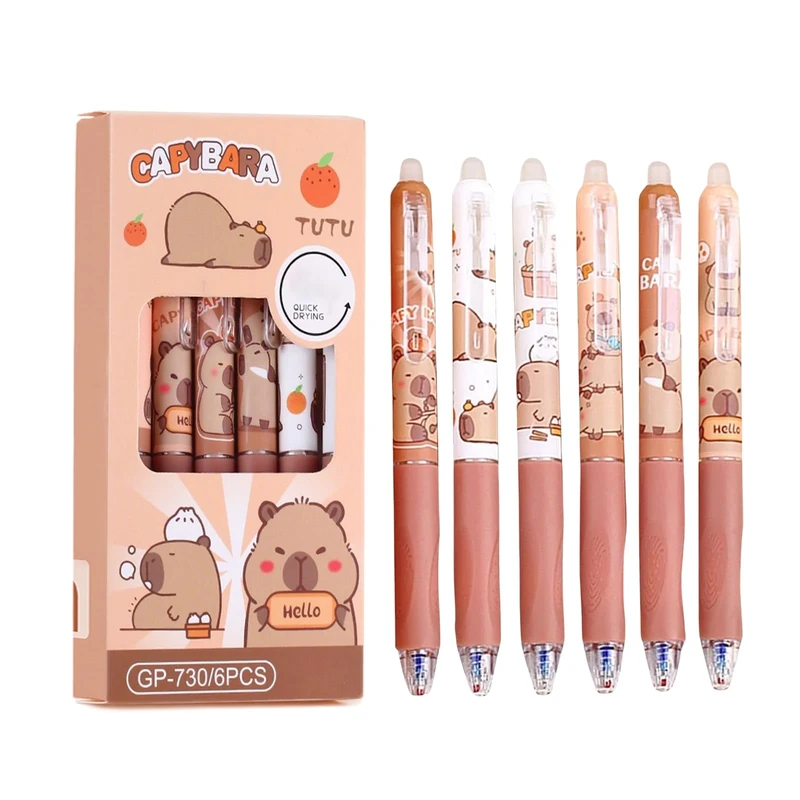 FloralGrace 6 Pieces Kawaii Cartoon Capybara Gel Pens, Quick Drying Retractable Pen Set, Retractable Kawaii Pens, Novelty Animal Pens, Capybara Theme Party Gifts