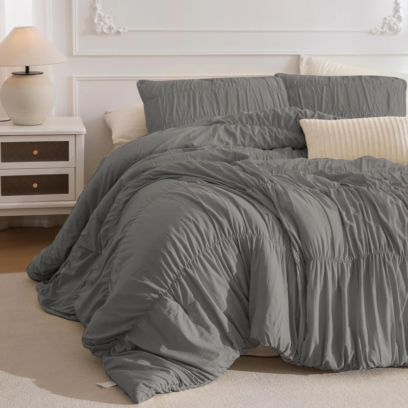 Masaca Grey Comforter Set King(106"x95"),Ruched Ruffle Bedding Comforter Lightweight Fluffy Aesthetic Vintage Shabby Boho Chic Cal King Bedding 3 Pieces (1 Gray Comforter and 2 Pillowcases)