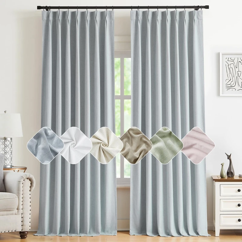 Kayne Studio Blue Gray Pinch Pleated Full Blackout Curtains, Linen Blend Room Darkening Thermal Insulated Soundproof Drapes, 84 Inch Back Tab Window Curtains for Living Room Bedroom(2 Panels, 40"x84")