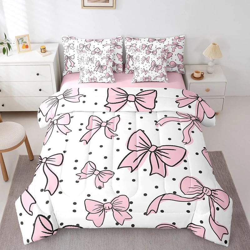 Erosebridal Cute Pink Bow Queen Comforter Set 7 Piece,Pink and Black Bow Knot Bedding Set for Kids Girls,Princess Bowknot Bed Set,Polka Dot Bows Bed in a Bag with Fitted+Flat Sheet,Pillowcases
