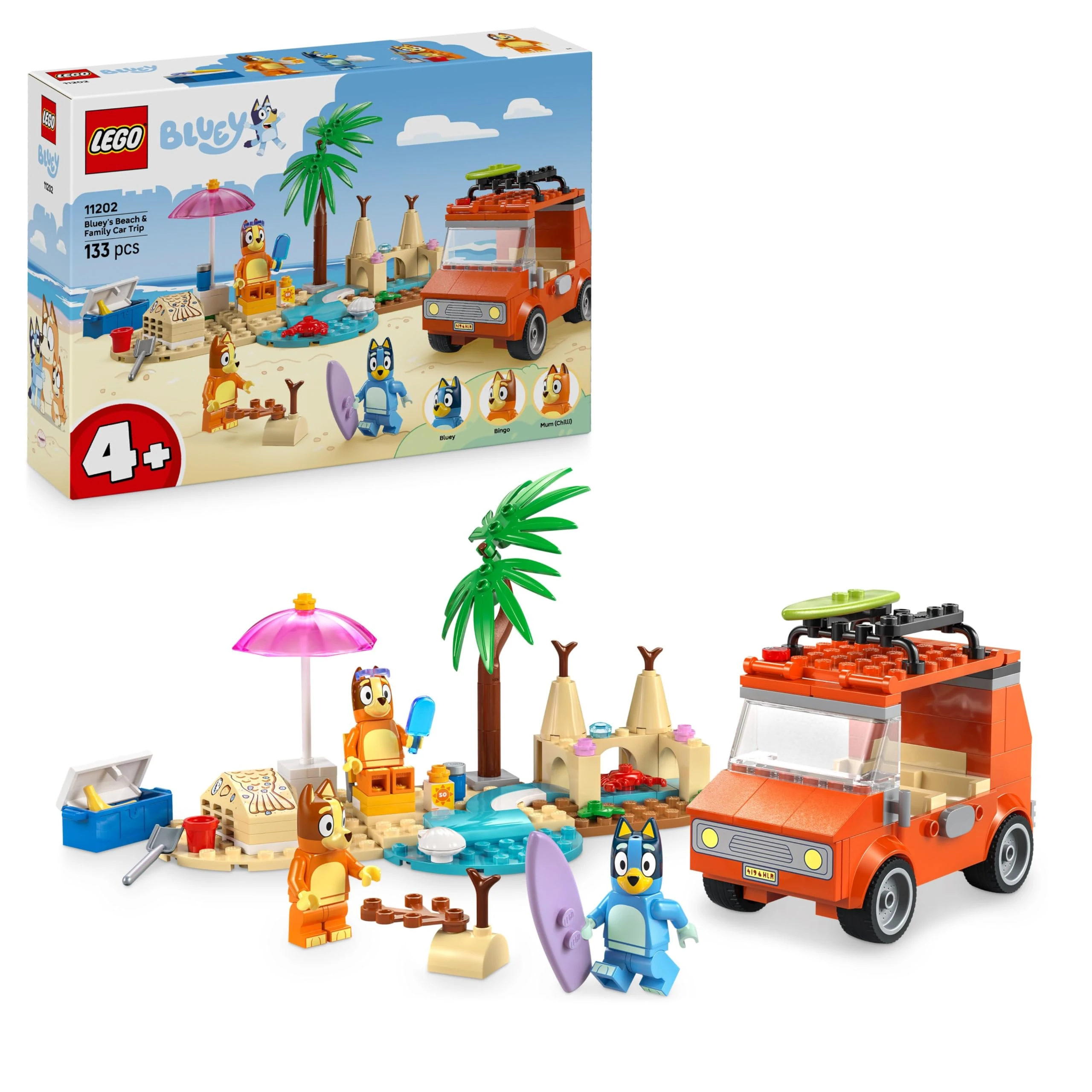 LEGO Bluey: Bluey's Beach & Family Car Trip Toy with 3 Minifigures incl. Bingo & Chilli, plus 2 Surfboards, a Sand Castle & Fun Accessories - Birthday Gift for 4+ Year Old Girls & Boys - 11202