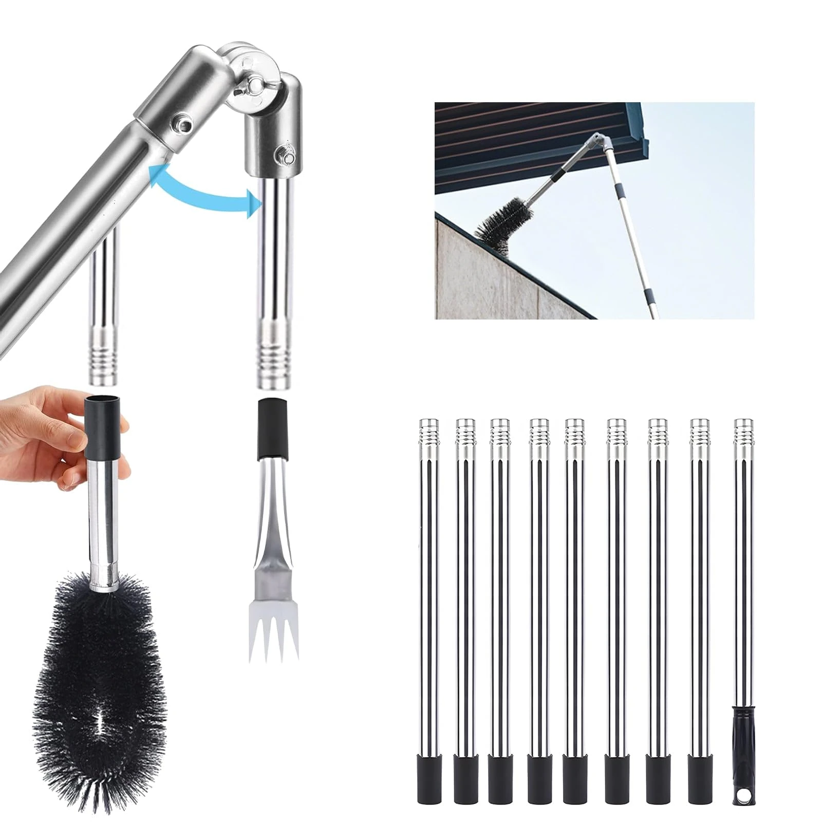 Gutter Cleaner 4M Telescopic Roof Gutter Cleaning Tools Kit with Adjustable Angle Pole Gutter Brush Scoop, for Removing Leaves, Debris & Spider Webs from Gardens Ditches Villas Townhouses 12Pcs
