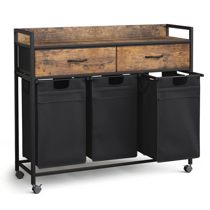 Mondeer Laundry Hamper Baskets 3 Section with 2 Drawers, 150L Laundry Sorter with Wheels Pull-Out Removable Laundry Bags, Rustic Brown and Black - Image 1