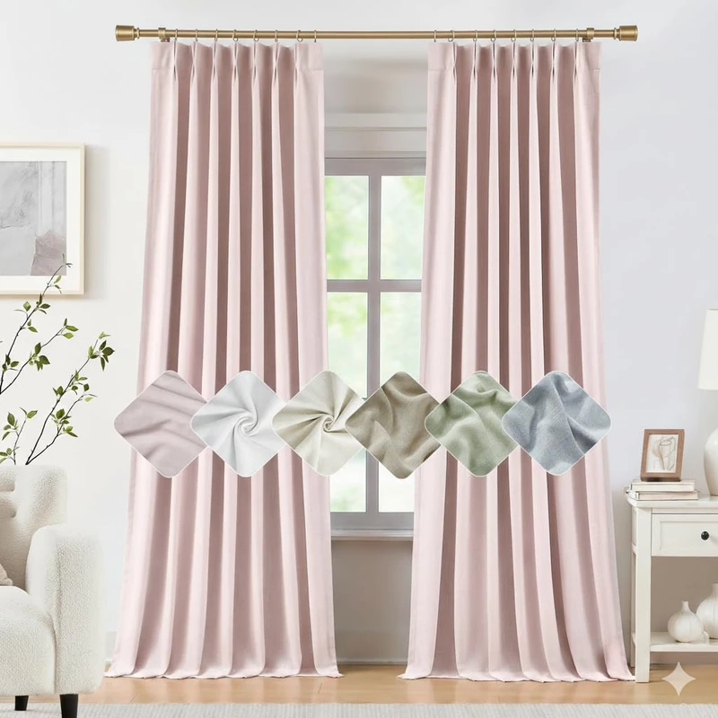 Kayne Studio Soft Pink Pinch Pleated Full Blackout Curtains 90 Inch, Linen Blend Thermal Insulated Soundproof Room Darkening Back Tab Window Drapes with Hooks for Living Room Bedroom(2 Panels,40"x90")