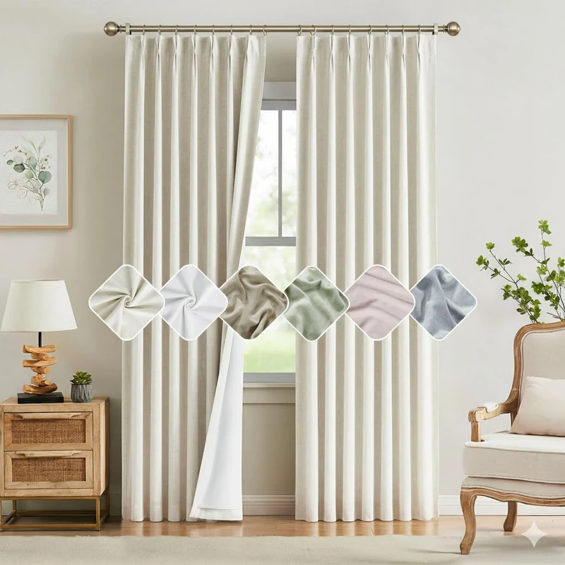 Kayne Studio Natural Pinch Pleated Full Blackout Curtains 102 Inch, Linen Blend Thermal Insulated Soundproof Room Darkening Back Tab Window Drapes with Hooks for Living Room Bedroom(2 Panels,40"x102")