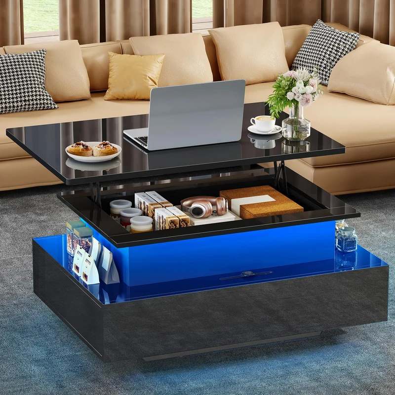 YITAHOME Coffee Table High Glossy with LED Strip, Lift Top Coffee Table with Storage for Living Room,Modern Wooden Rectangle Tea Table with 2 Drawers