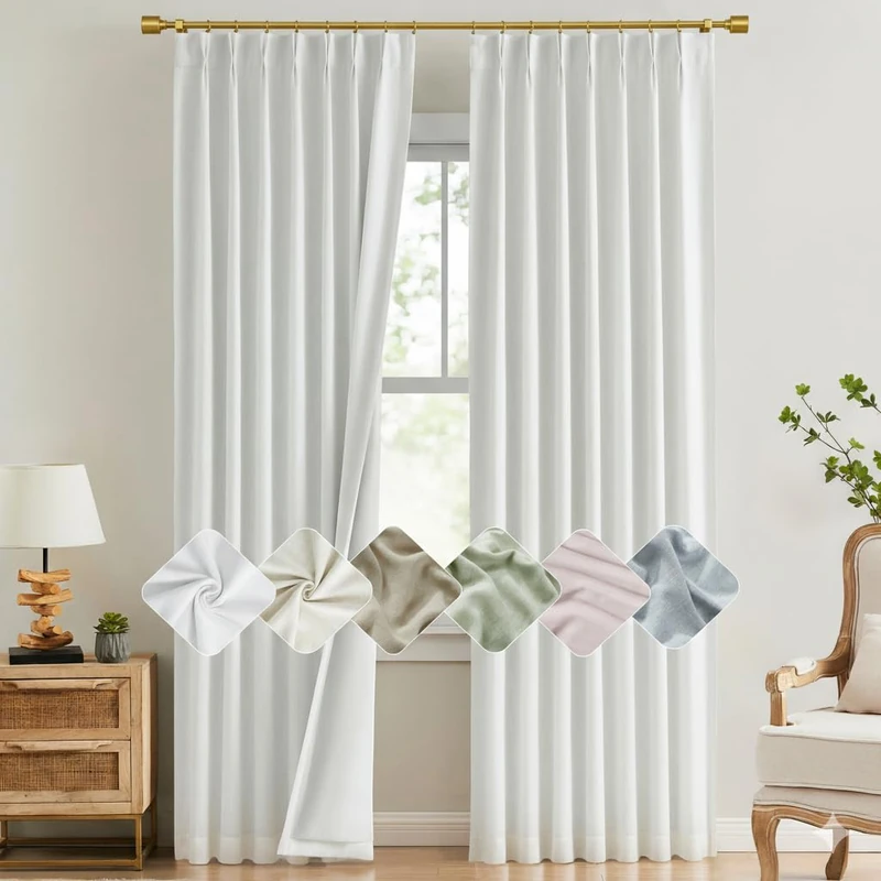Kayne Studio White Pinch Pleated Full Blackout Curtains with Liner,Linen Blended Room Darkening Thermal Insulated Soundproof Back Tab Pinch Pleat Drapes for Living Room Bedroom,18 Hooks,40"x90"x2