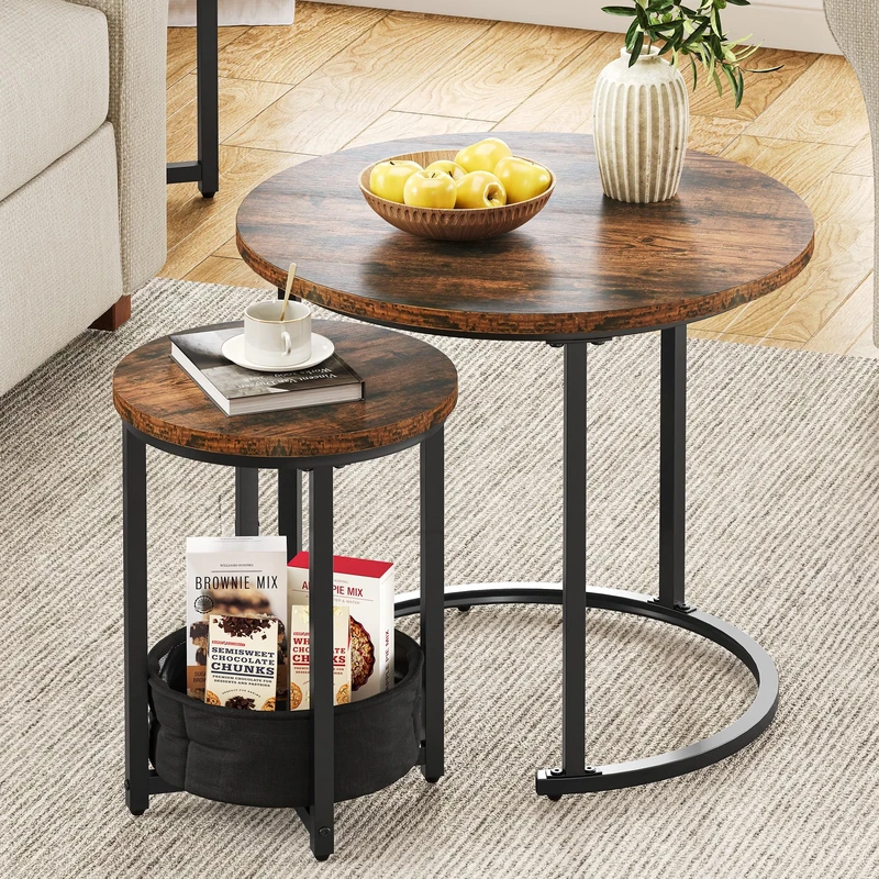 YITAHOME Coffee Table for living room, Nest of Tables Set of 2 with Storage, Small Round Table 60X60X50.5CM, Wooden Side Table with Sturdy Metal Frame, Easy Assembly