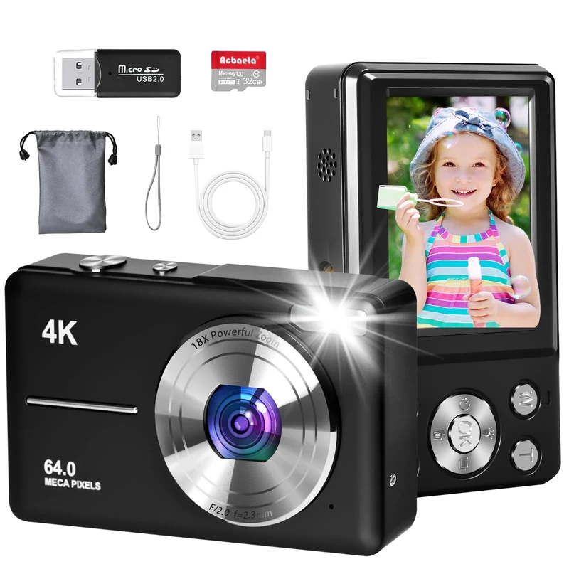4K Digital Camera, Autofocus 64MP Vlogging Camera for Photography with 32GB TF Card, 18X Zoom, 2.8'' Screen Anti-Shake Portable YouTube Compact Point and Shoot Digital Cameras for Kids Adult Beginner