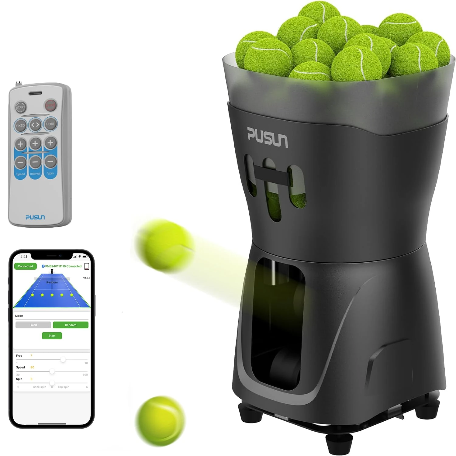 Tennis Ball Machine, PUSUN Tennis Ball Launcher Machine for Kids/Beginners, 65+Ball Capacity, Dual-Control via App&Remoter, 3-5hs Battery Life, Portable Tennis Ball Throwing Equipment Indoor&Outdoor