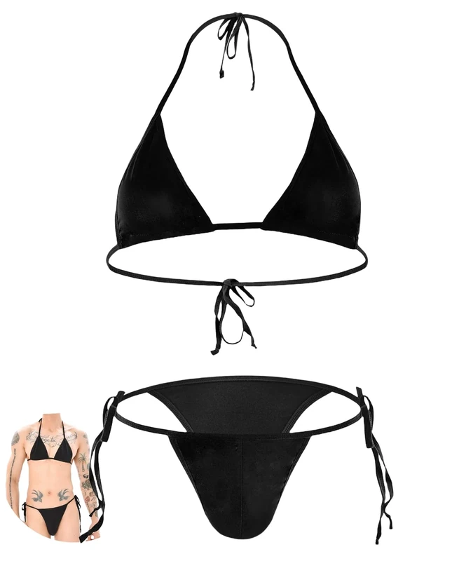 FEOYA Mens Sissy Lingerie Suits Spaghetti Straps Bra Top with Low Rise Briefs Lingerie Set Sissy Underwear Sexy Underwear Thong Bikini Set Black - Image 1