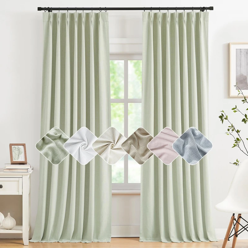 Kayne Studio Soft Green Pinch Pleated Full Blackout Curtains, Linen Blend Room Darkening Thermal Insulated Soundproof Drapes, 84 Inch Back Tab Window Curtains for Living Room Bedroom(2 Panels,40"x84")