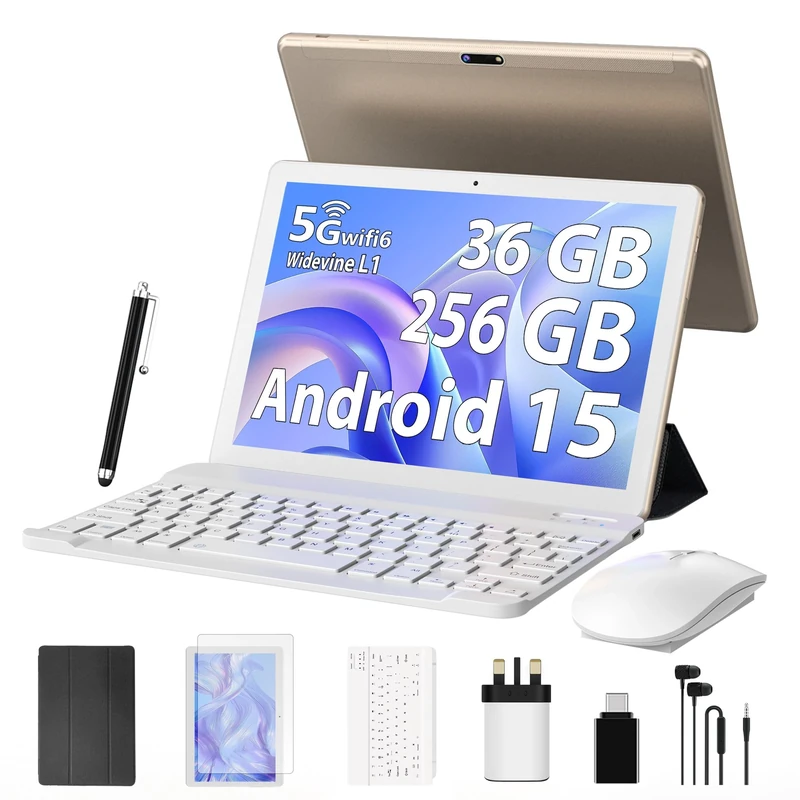 FLYCOAY Tablet 10 Inch Newest Android 14, Octa-Core 2.0GHz, 5G WIFI 6, 36GB RAM+128GB ROM (TF 1TB), Dual Camera, 8000mAh Battery/Widevine L1/Tablet With Keyboard, Case(Gold)