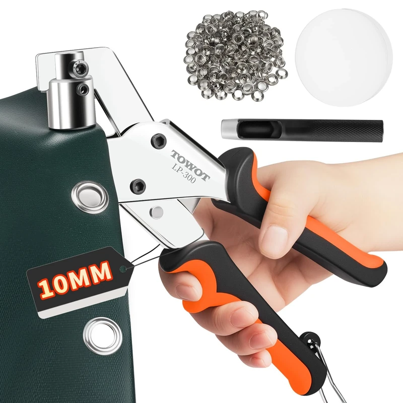 TOWOT Grommet Eyelet Punch Kit with 500pcs 10mm Eyelets – Handheld Manual Press Tool for Tarpaulin, Canvas, Leather, Fabric – Ideal for DIY Crafting & Repair Projects