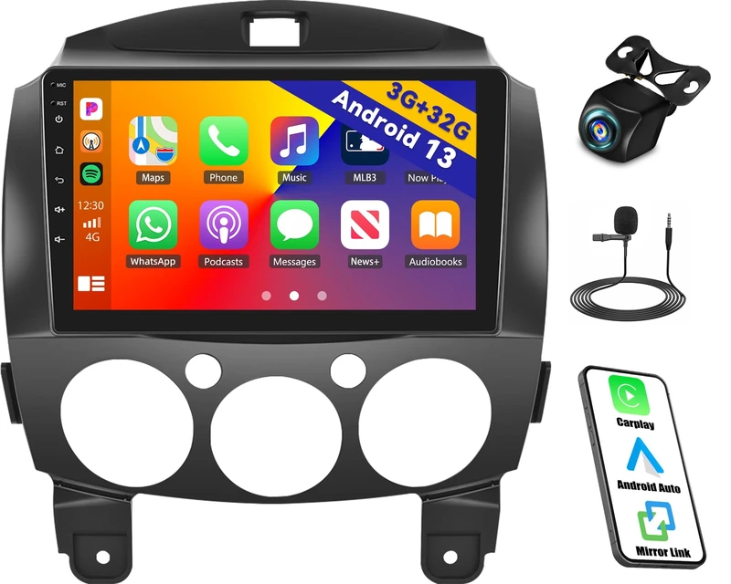 CAMECHO 3+32G Android 13 Car Stereo for Mazda 2 2007-2014, 9 Inch Double Din Head Unit with Wireless CarPlay/Android Auto, QLED Touchscreen, DSP, GPS, Built-in WiFi, Bluetooth 5.1, Reversing Camera