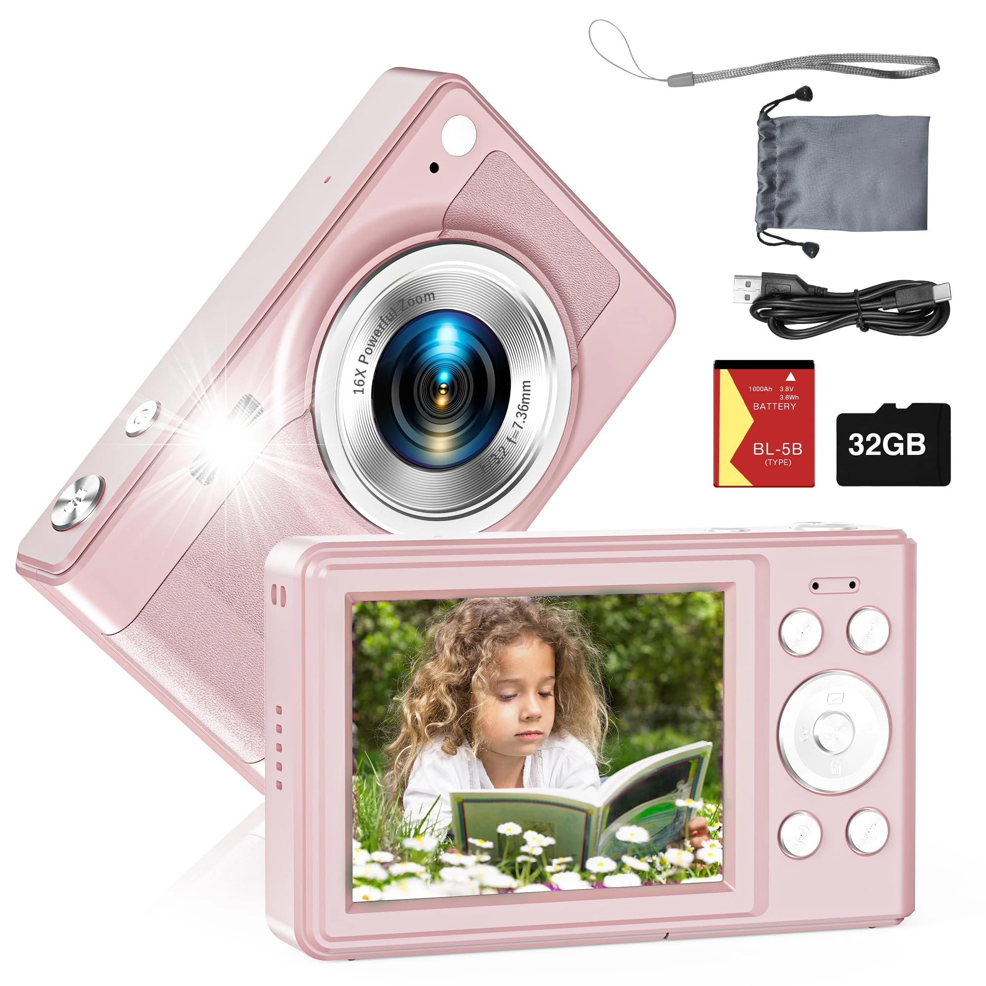 Upgrade Digital Camera, 56MP FHD 1080P for Kids with 16x Zoom Anti Shake, 32GB TF Card, Two Batteries, Lanyard, Compact Small for Boys Girls （Pink）