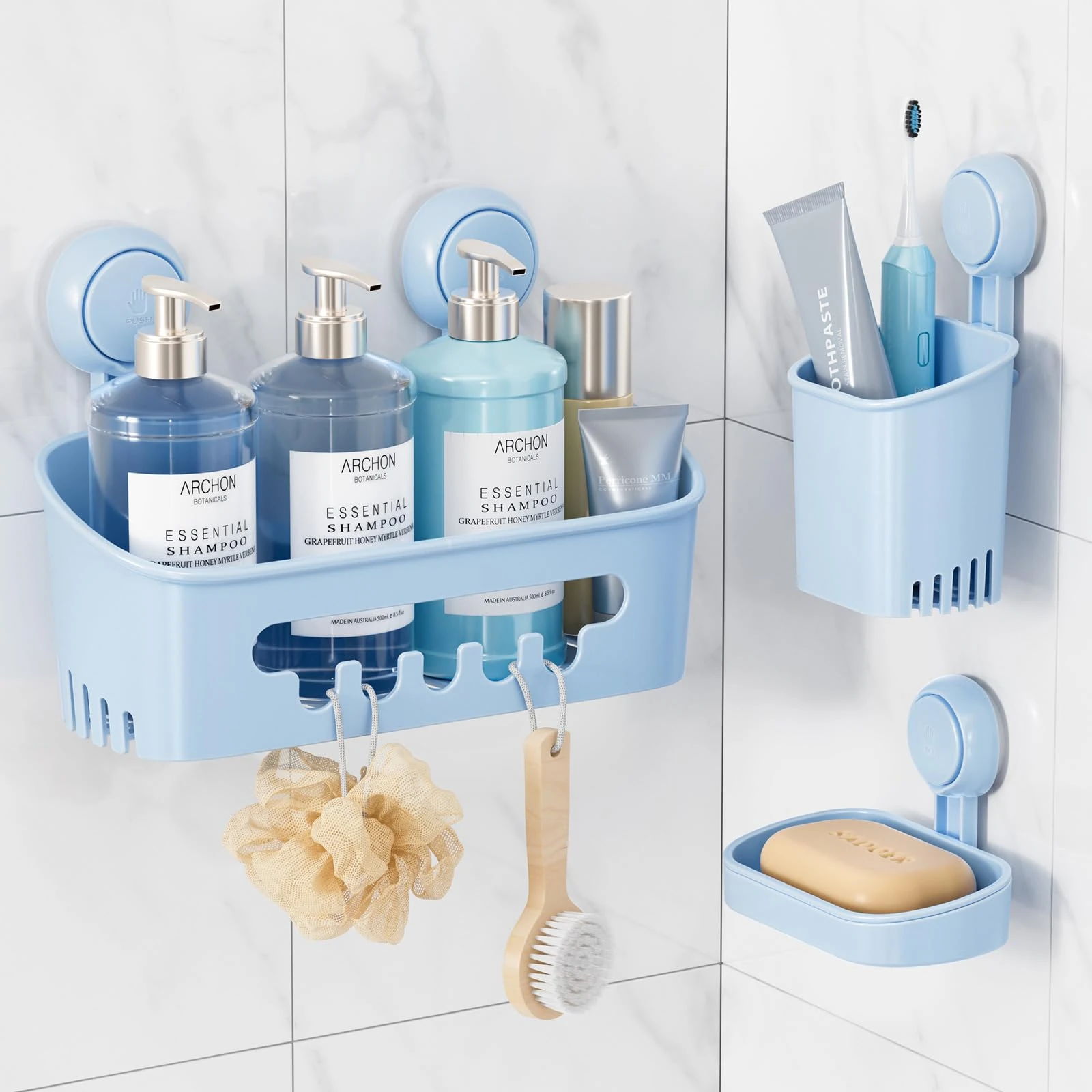 TAILI Shower Caddy Bathroom Storage Suction Cup Set Shower Shelf Basket No-Drilling Removable Suction Organizer Powerful Waterproof Bathroom Kitchen Accessories, Blue