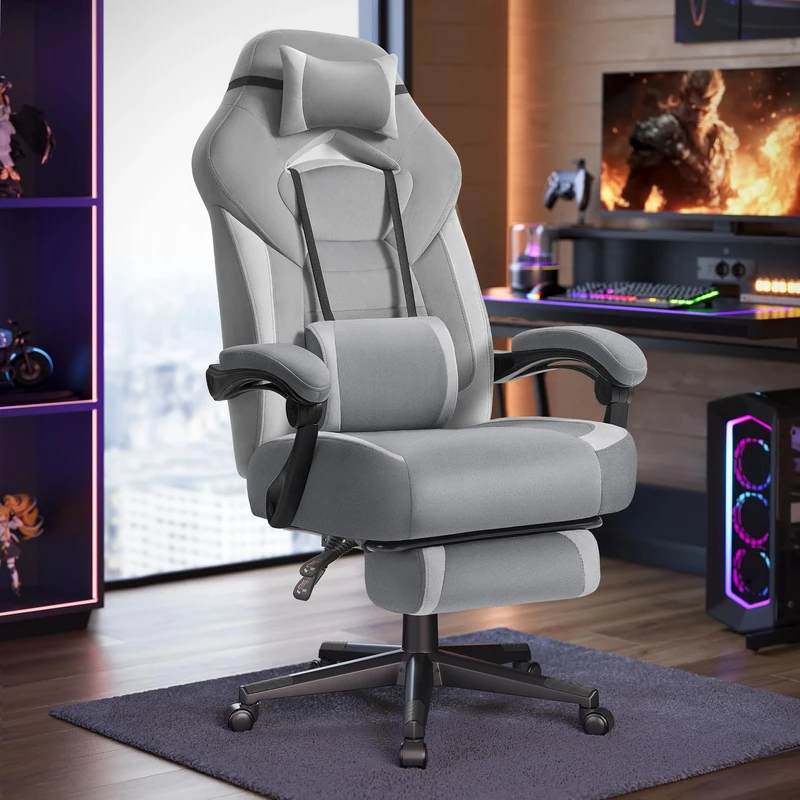 SONGMICS Gaming Chair, Office Computer Chair, Ergonomic Design, with Footrest, Adjustable Headrest, Lumbar Support, 150 kg Load Capacity, Slate Grey and Dove Grey OBG077G03