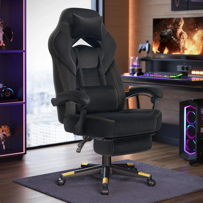 SONGMICS Gaming Chair, Office Computer Chair, Ergonomic Design, with Footrest, Adjustable Headrest, Lumbar Support, 150 kg Load Capacity, Ink Black OBG077BH20