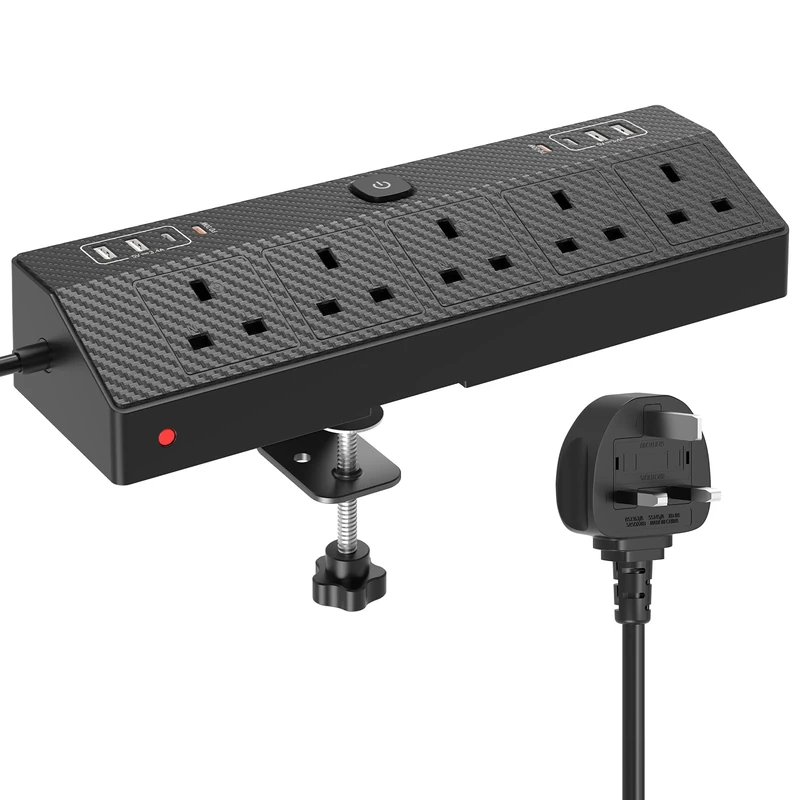 Desk Extension Lead with C, 2 PD 20W Desk Power Socket Fast Charger, HAFINO 5 Way Desk Sockets 1.8M, Desktop Plug Socket with Removable Clamp for Home Office Accessories, Black