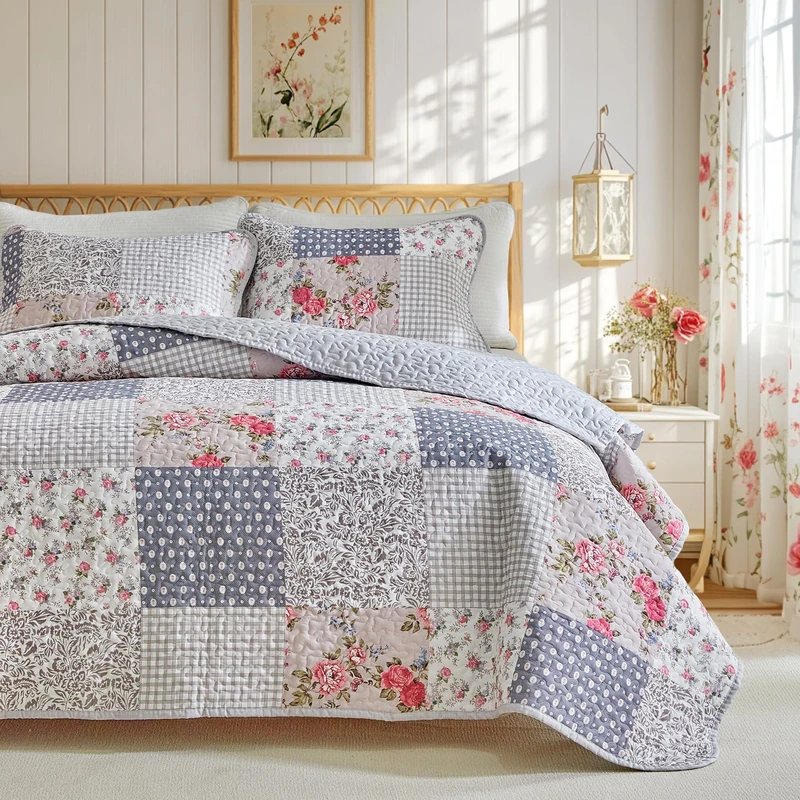 Joyreap Floral Cotton Quilt Set, Neutral Flowers Grid Patchwork Design, 3 Pieces King Size Quilt Bedding Set, Farmhouse Countryside Bedspread Bed Cover for All Season- 102x90 inches