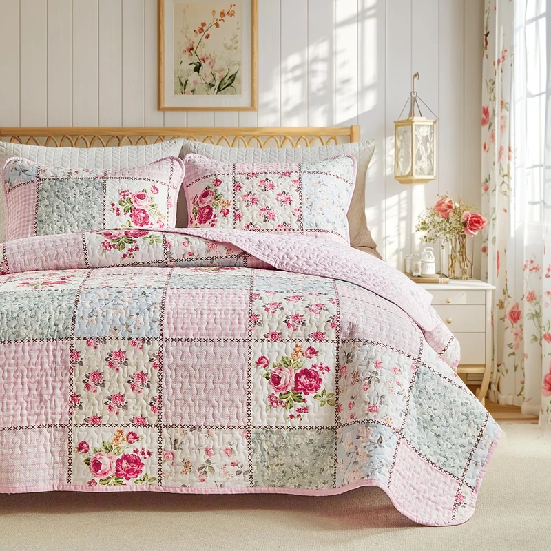 Joyreap Floral Cotton Quilt Set, Pink Aqua Flowers Grid Patchwork Design for Spring, 3 Pieces Queen Size Quilt Bedding Set, Soft n Cozy Bedspread Bed Cover for All Season- 90x90 inches