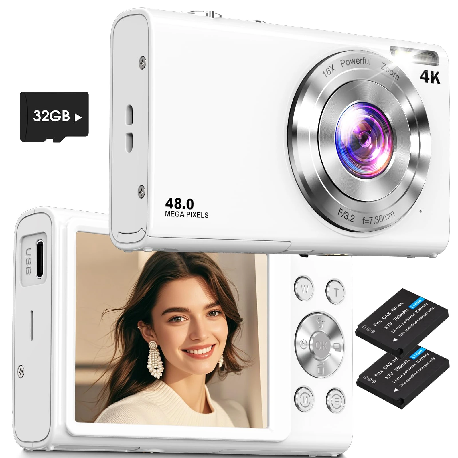 Digital Camera,Lecnippy 4K Autofocus Vlogging Camera with 32G Memory Card 16X Digital Zoom,48MP Cameras for Photography with 2.8 inch Screen for Beginners(White)