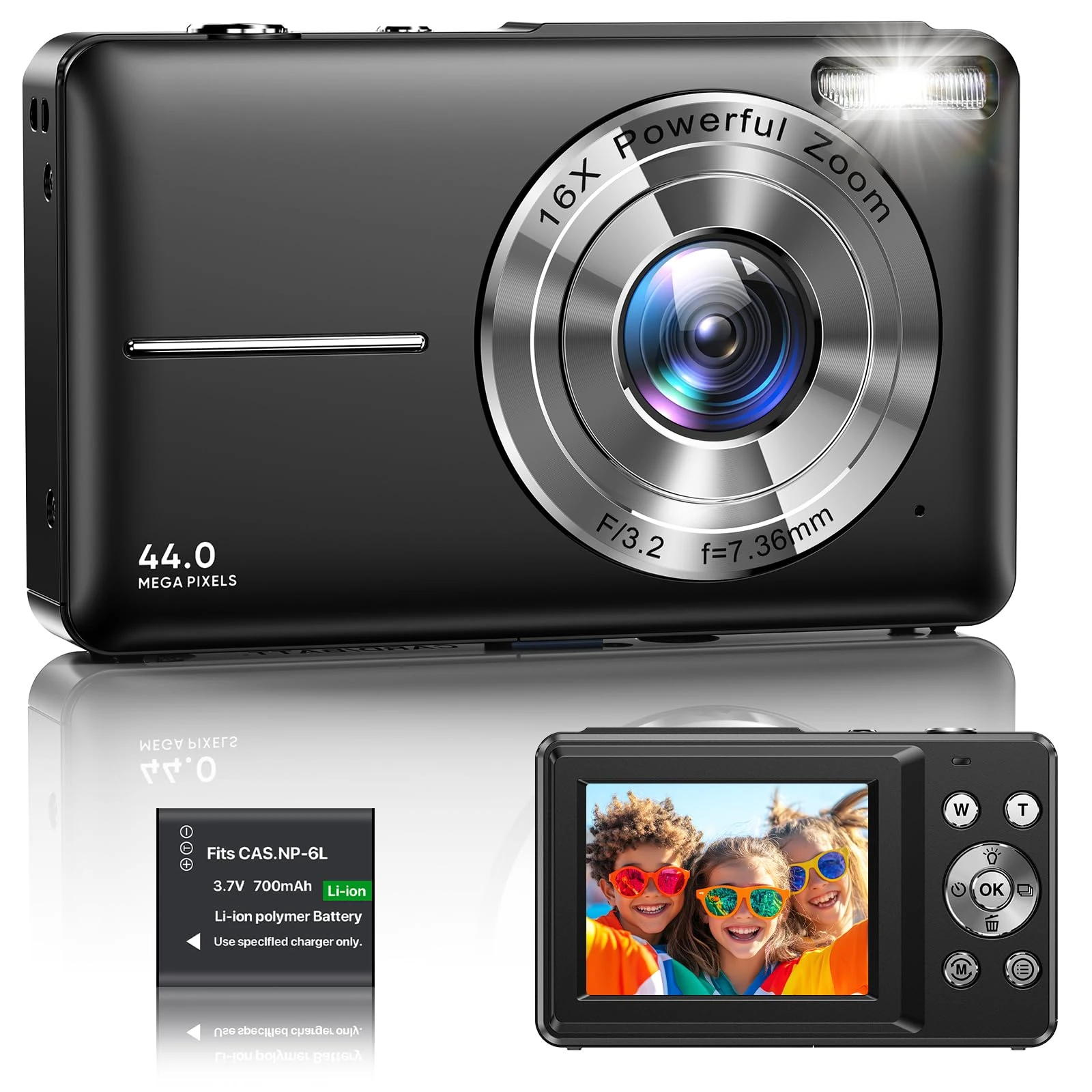 Digital Camera 1080P FHD Compact Digital Camera 44MP Portable Mini Small Photo Camera with 2.4" LCD Screen, 16X Digital Zoom and 1 Battery Vlogging Camera for Kids, Girls, Boys-Black (No SD Card)