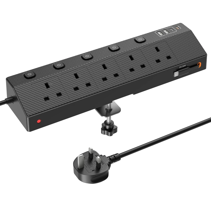 Desk Extension Lead 1.8M, STGAROT PD 30W Power Strip with Retractable USB C Cable, 5 Way Power Socket with 3 USB C Port, 2 USB A Port, Desktop Plug Socket with Removable Clamp for Office Accessories