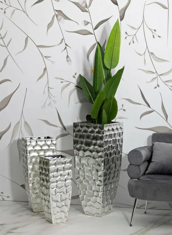 Dmora - Set of 3 vases Iguazu, Decorative item, Amphora, Decorative accessory, 38x38 h91 cm, Silver - Image 1