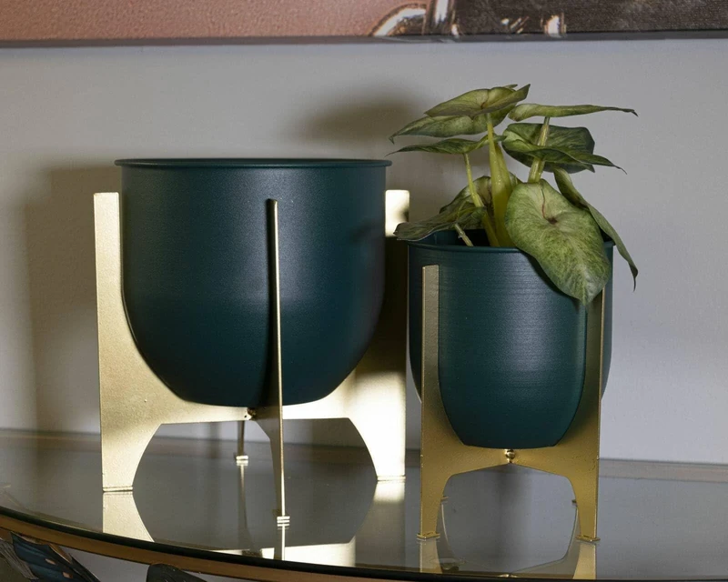 Dmora - Set of 2 vase holders Tamaki, Decorative item, Decorative article, Decorative accessory, 25x25 h26 cm, Green and Gold - Image 1