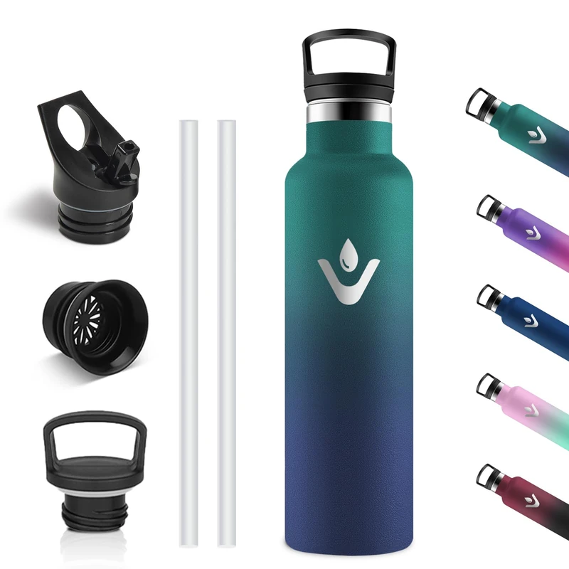 Vikastar Stainless Steel Thermos Flask 750 ml BPA-Free Drinking Bottle with Straw for School Sports Bike Camping Dark Green & Dark Blue - Image 1