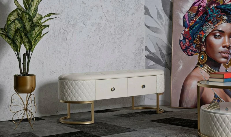 Dmora - Chest Xingu, Multipurpose bench, Guest seat, Multifunctional chest, 120x40 h43 cm, White and Gold