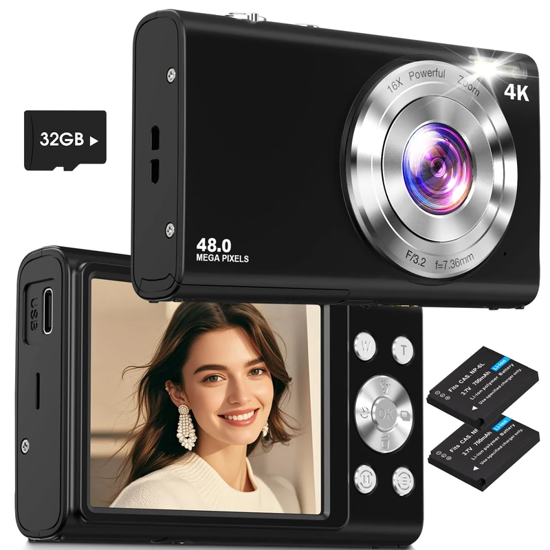 Digital Camera,Lecnippy 4K Autofocus Vlogging Camera with 32G Memory Card 16X Digital Zoom,48MP Cameras for Photography with 2.8 inch Screen for Beginners(Black)