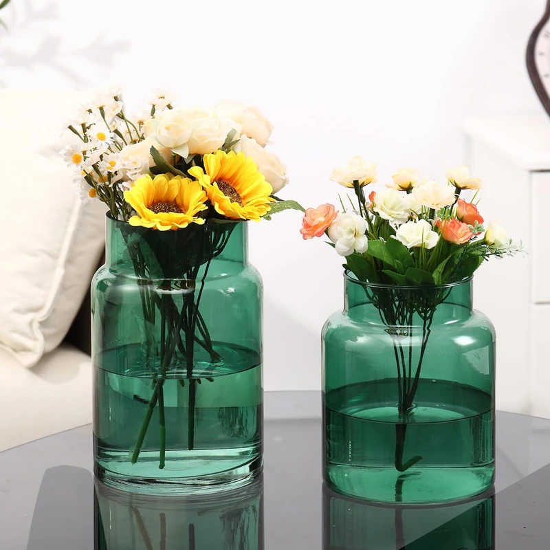 PORPAN Large Glass Vase, Green Glass Vase Set of 2, Large Flower Vases for Bouquet, Tall Wide Mouth Vases for Flowers, Home, Wedding, Living Room, Office Decor, 7"+9"