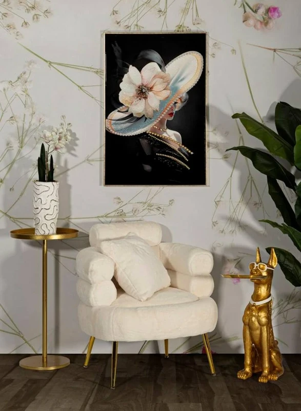 Dmora - Armchair Jurua, Padded seat, Single living room sofa, Chair with armrests, 78x68 h85 cm, White and Gold