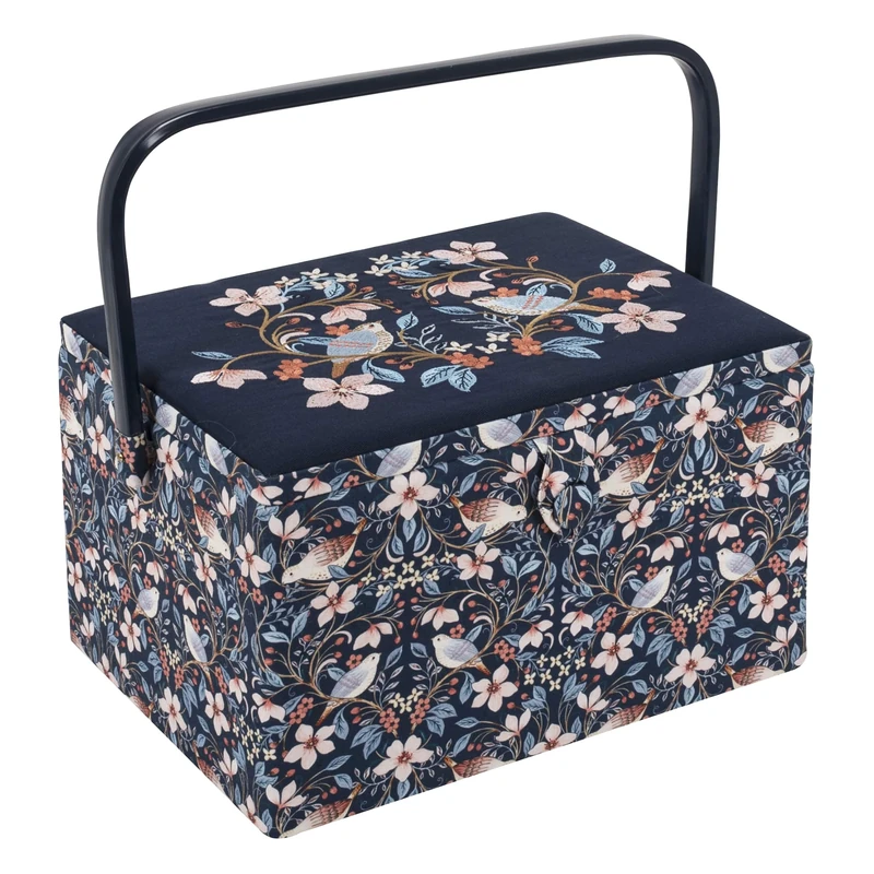 Hobby Gift Large Sewing Box – Embroidered Blossom Birds Cotton Fabric with Plastic Handle, Hard Plastic Internal Tray with Compartments, Lid with Pocket & Pincushion Stylish 23.5 x 31 x 20cm